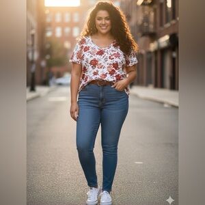 Torrid short sleeve V-neck tee with a red and pink rose floral design Size 4 4X